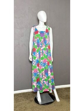 Vintage Tropical Fruit Print Maxi Sundress Colorful Pineapple Mumu Dress S-L